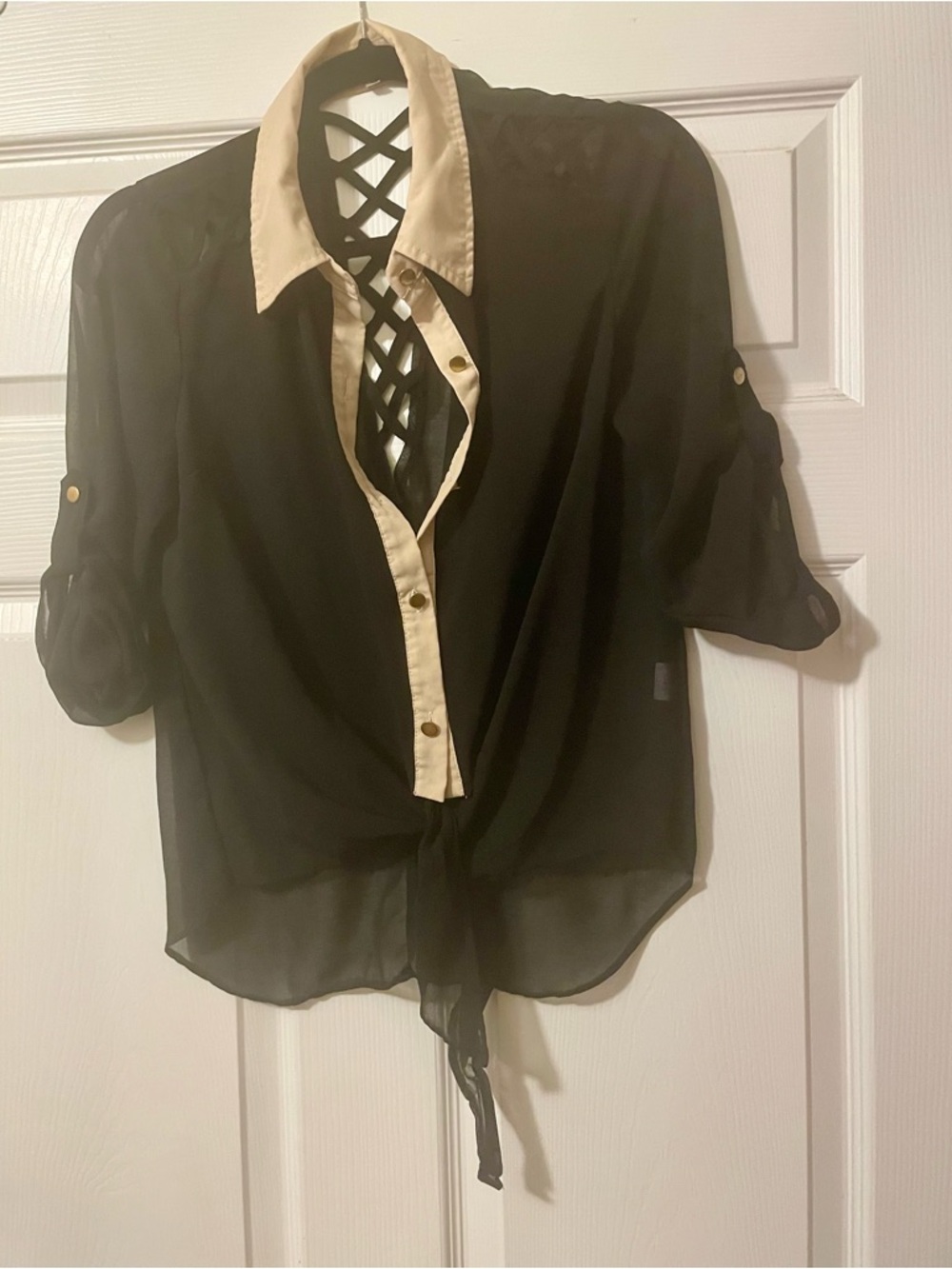 Sheer Button-Up Top Black and Cream Tie-Front